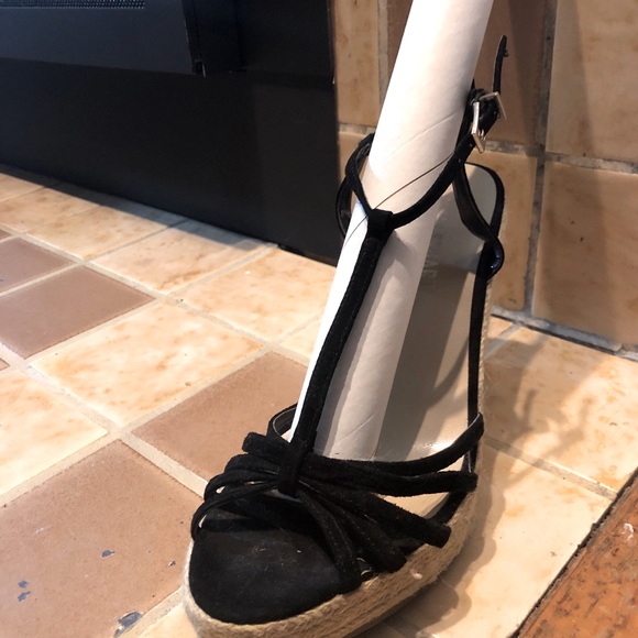 Black Strappy Suede Open Toe Espadrille Heels - Picture 5 of 5